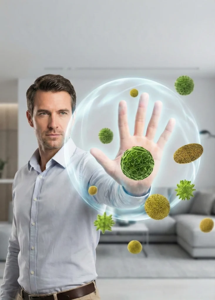 Person interacting with floating microorganisms.
