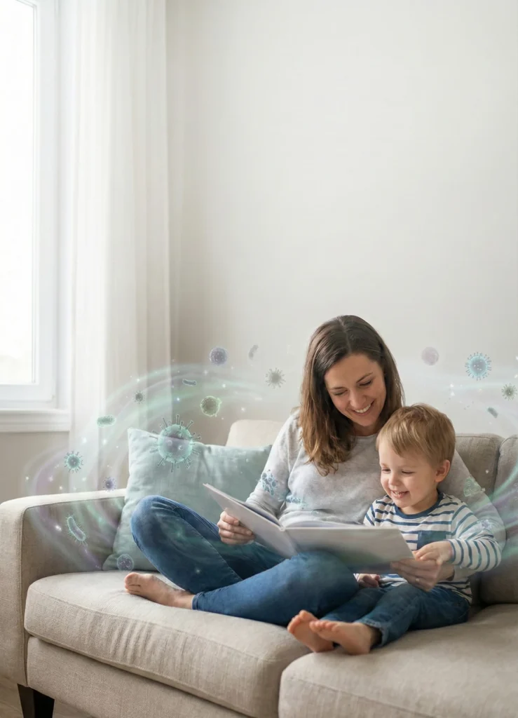 Reading together on a cozy sofa.